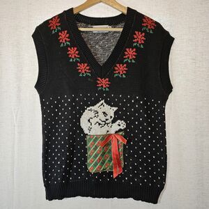 Vintage Sweater Loft Ugly Christmas Sweater Vest White Kitty Cat Gift USA Medium
